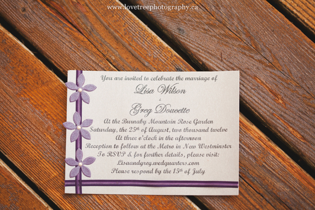 wedding invitation ideas, purple wedding burnaby wedding; image by www.lovetreephotography.ca