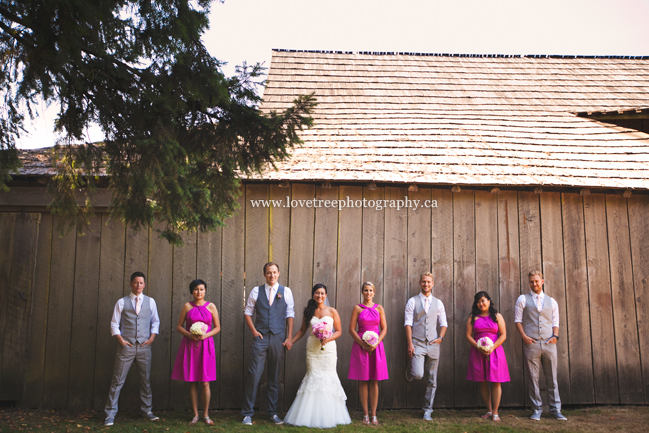 Wedding party in magenta and grey | image by rustic wedding photographer www.lovetreephotography.ca
