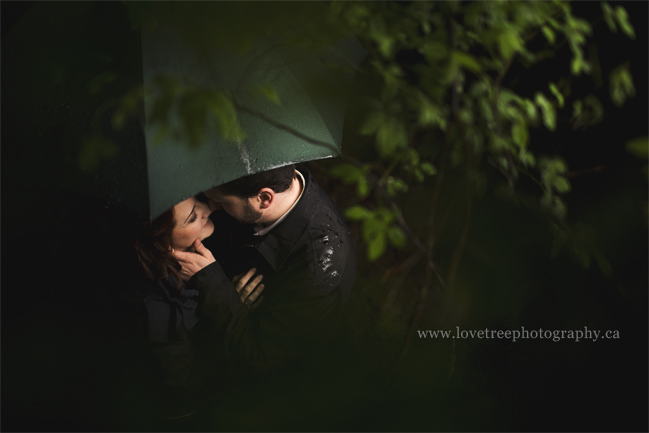 rainy engagement session in the forest