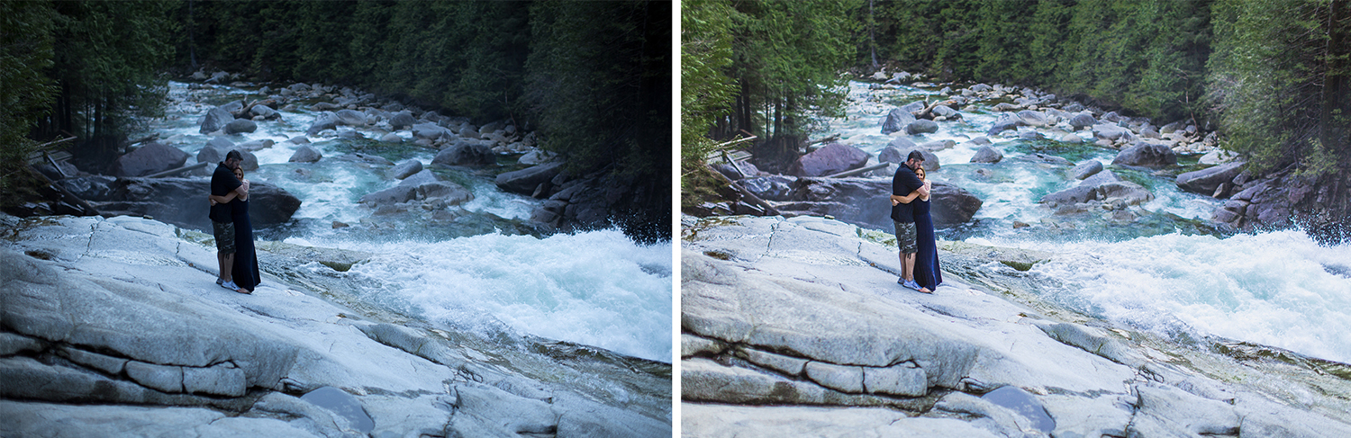 a professional photographer edits outdoor engagement pictures