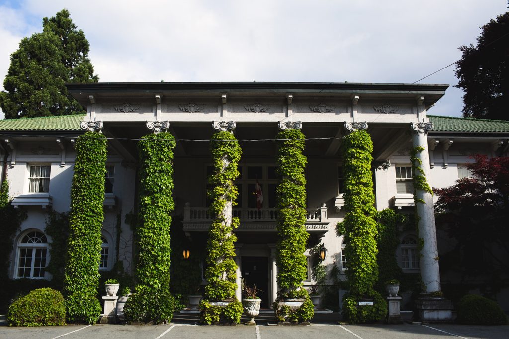 Ivy covered pillars in front of Hycroft Manor