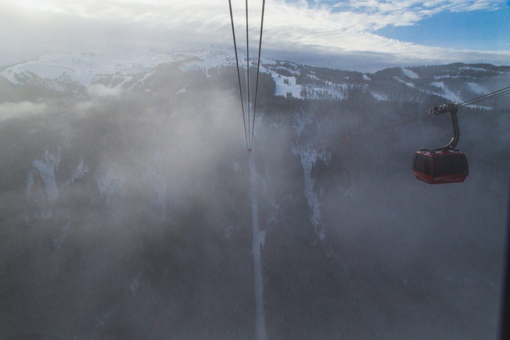 a gondola car rides along a cable in Whistler BC